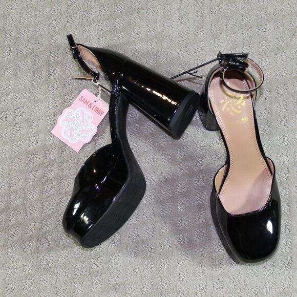 Sam & Libby Sz 8 Black Patent Large Block Heels - Picture 1 of 6